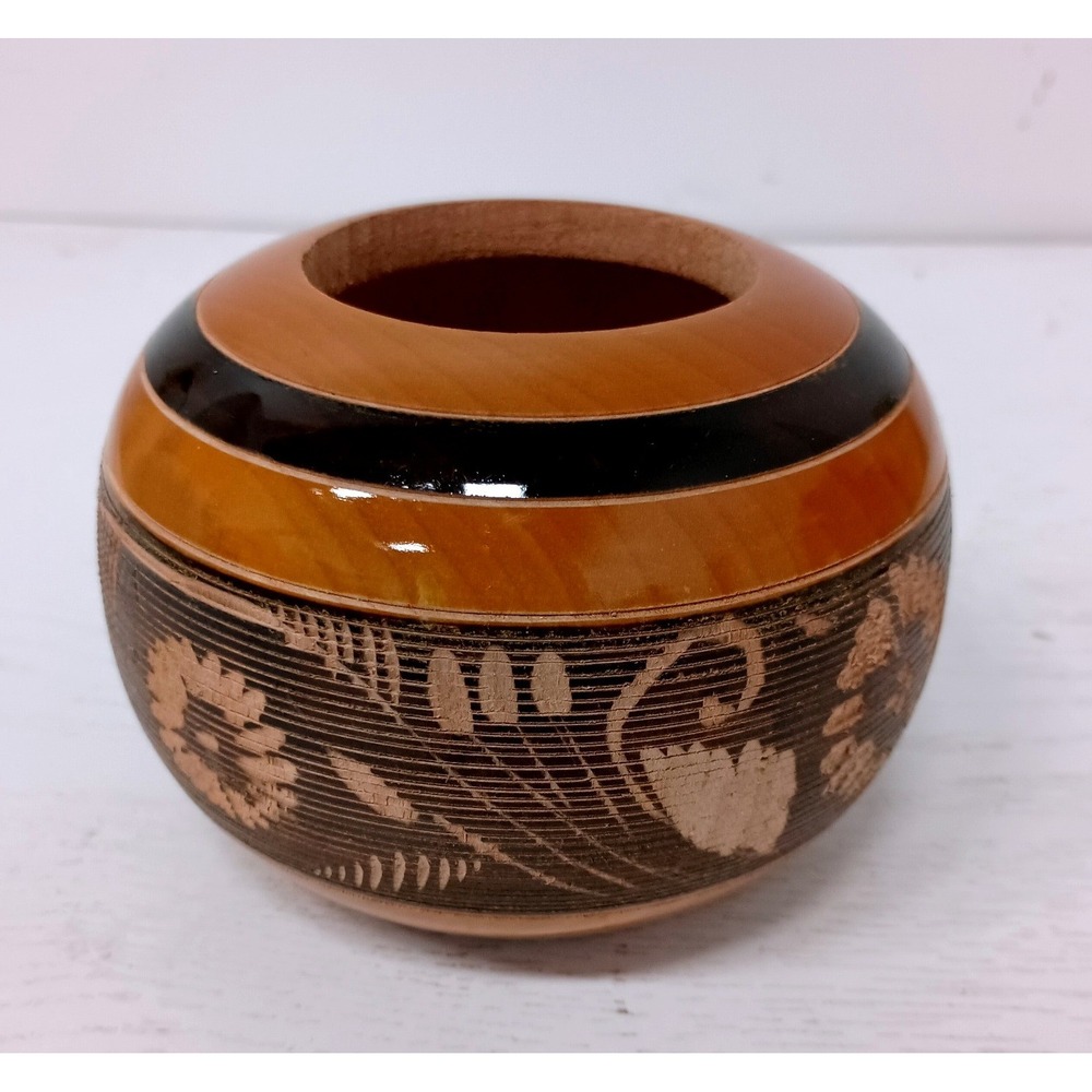 Vintage Mexican Folk Art Hand Carved Wood Bowl Brown Floral Cesar Signed